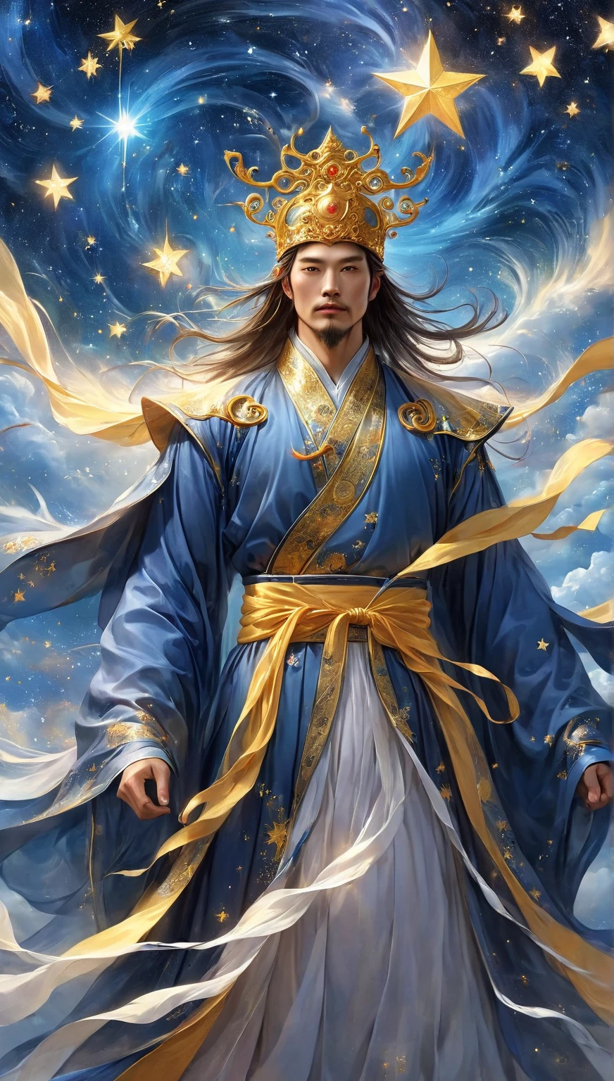  A wise Chinese fairy in a flowing golden robe,  Handsome Man ， Fat Pectoral Muscles ， Face like a Chinese star , Dai Xian headdress ，  Standing in the clouds looking up at the starry sky ,  Surrounded by glittering runes and symbols , Ethereal atmosphere,  height detail,  cinematic lighting ,  Digital Art,  conceptual art , fantasy