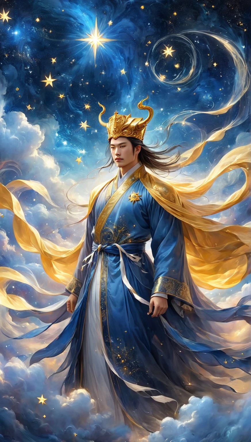  A wise Chinese fairy in a flowing golden robe,  Handsome Man ， Fat Pectoral Muscles ， Face like a Chinese star , Dai Xian headdress ，  Standing in the clouds looking up at the starry sky ,  Surrounded by glittering runes and symbols , Ethereal atmosphere,  height detail,  cinematic lighting ,  Digital Art,  conceptual art , fantasy