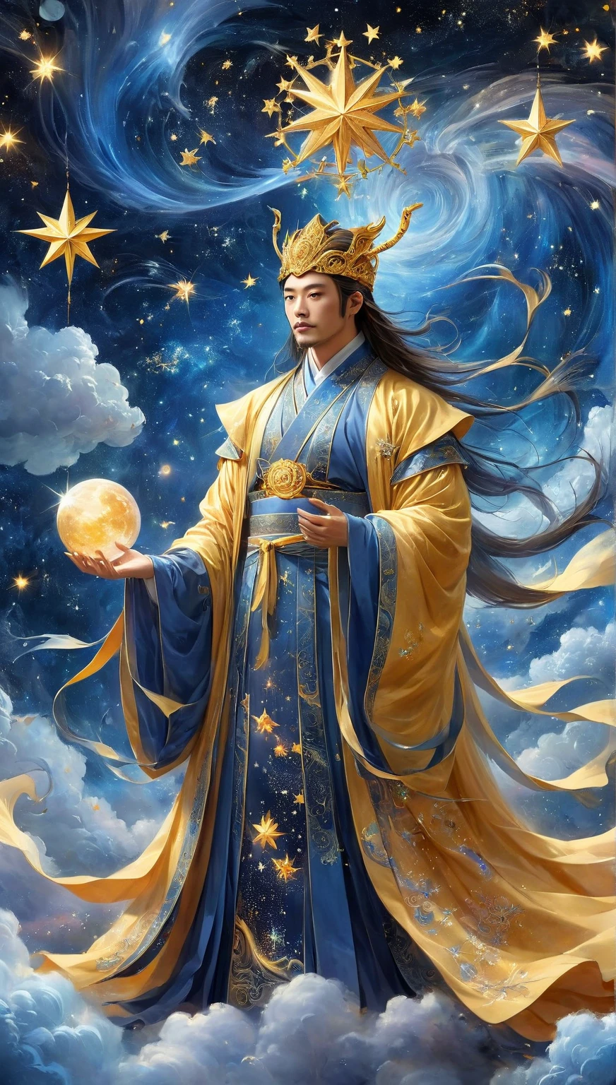  A wise Chinese fairy in a flowing golden robe,  Handsome Man ， Fat Pectoral Muscles ， Face like a Chinese star , Dai Xian headdress ，  Standing in the clouds looking up at the starry sky ,  Surrounded by glittering runes and symbols , Ethereal atmosphere,  height detail,  cinematic lighting ,  Digital Art,  conceptual art , fantasy