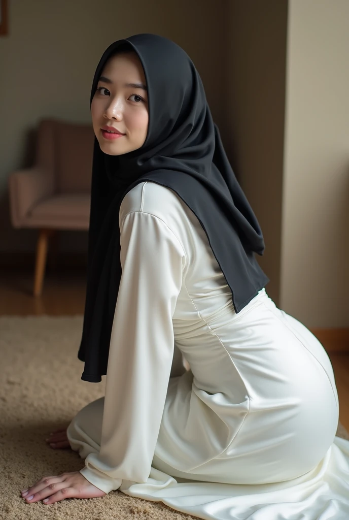 Beautiful, cute baby Face, 18 Years old Bella Hadid with hijab, cute face,super detailed face,detailed hand,beautiful skin,oily skin,big eyes,profeccional lighting,brown beautiful eyes, big smile,standing, (skirt lift:1.2),big breasts, (sailor suit),(checked skirt), panties, black high socks, spread legs, she is looking at the camera,classroom, from below,