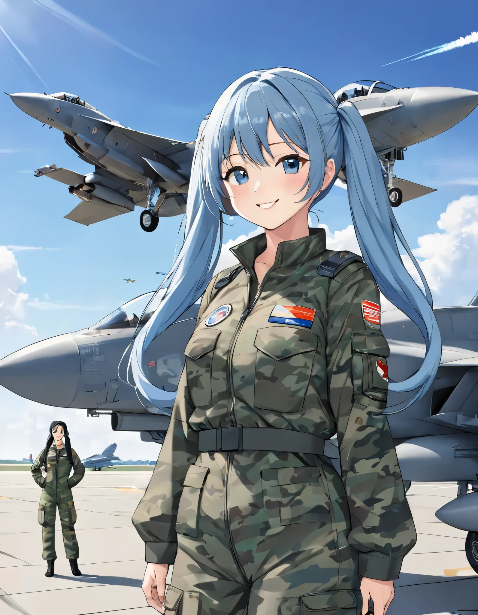  light blue long hair、 one beautiful girl with twin tails、smile、Self-defense officers wearing camouflage suits、Fighter Pilot、Runway、Staring at fighter jets、