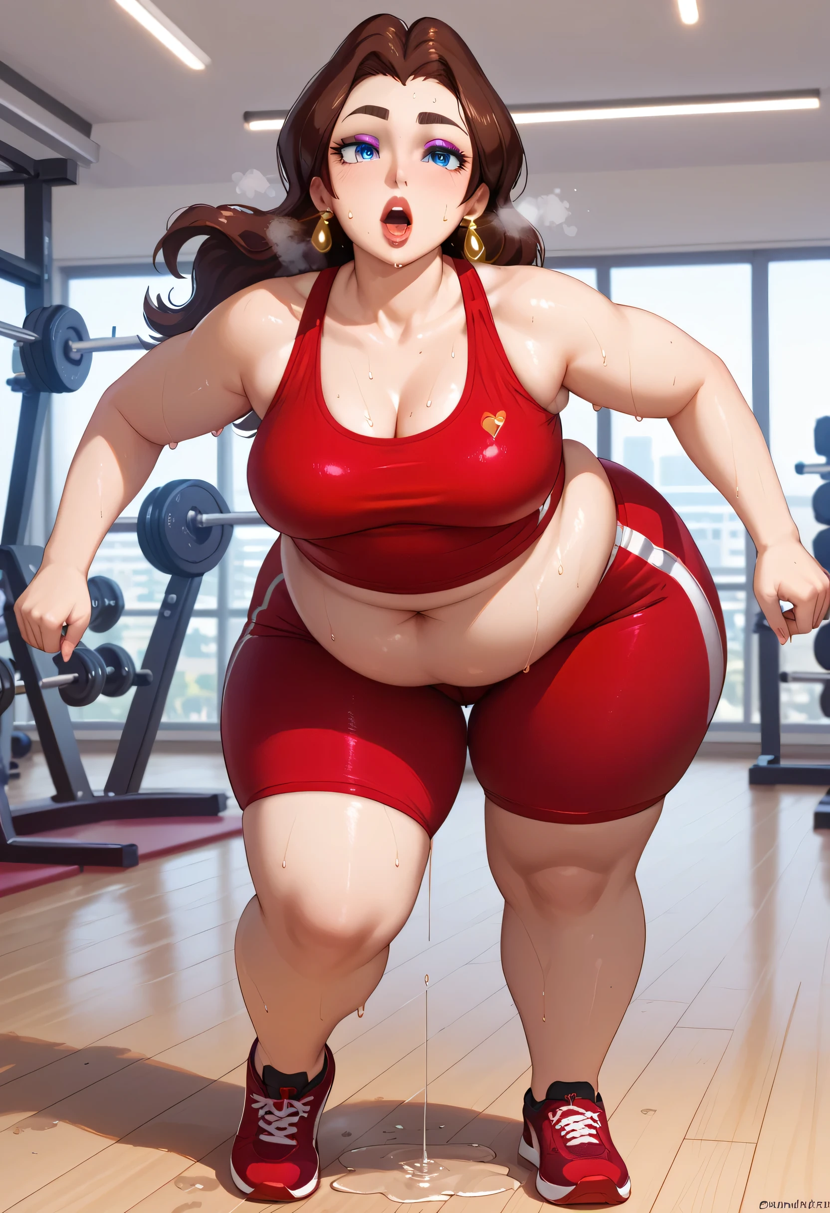 Pauline, Earrings, makeup, long brown hair, blue eyes, thick eyebrows, medium breasts, FACING VIEWER, gym background, gym concept, she is sporting, GYM, sweating profusely, exhausted, breathing, open mouth, steam coming out of her mouth, tight red gym shorts, tight red gym tank top, dripping sweat, dripplits of sweat on the floor, puddle of sweat, thick, obese, soft belly, chubby, wide hips, sexy hips, full body, running on tredmill