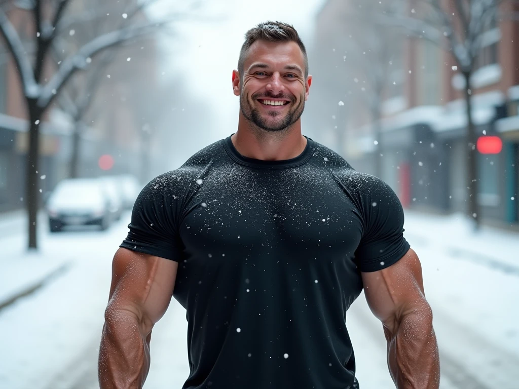 Dark gothic village in the background, old Chris Redfield from Resident Evil 8, 48 year old, muscular male, tall and hunk, biceps, abs, chest, (pecs:1.3), (muscle:1.3), no top clothes, topless, black boxers, no legs clothes, nude, bulge:1.9, thick beard, hairy legs, cold face, cigarette in mouth, smoke, video games style, high resolution:1.2, best quality, masterpiece, dark nightime, dark atmosphere, winter, snowing, shadow, fullbody shot