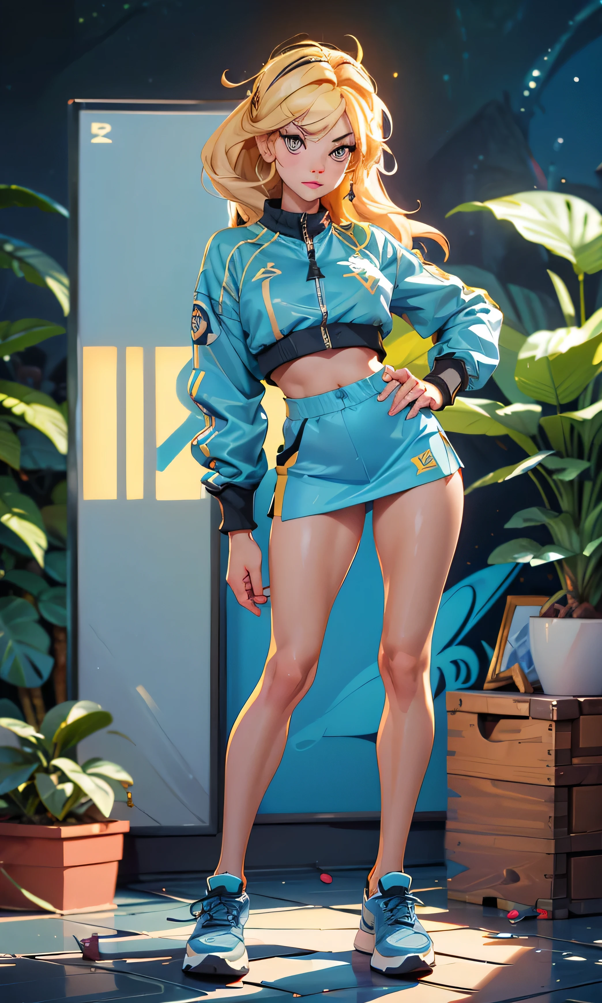 masterpiece, 1 girl, beautiful, slim, head on, looking at the lunar spectator , long hair , blond hair , brown eyes, arched eyebrows , full body , nice legs, abdomen plano, blue sports shoes, Pussy, Tits, (((desnuda))), Rainforest, a helicopter behind ,