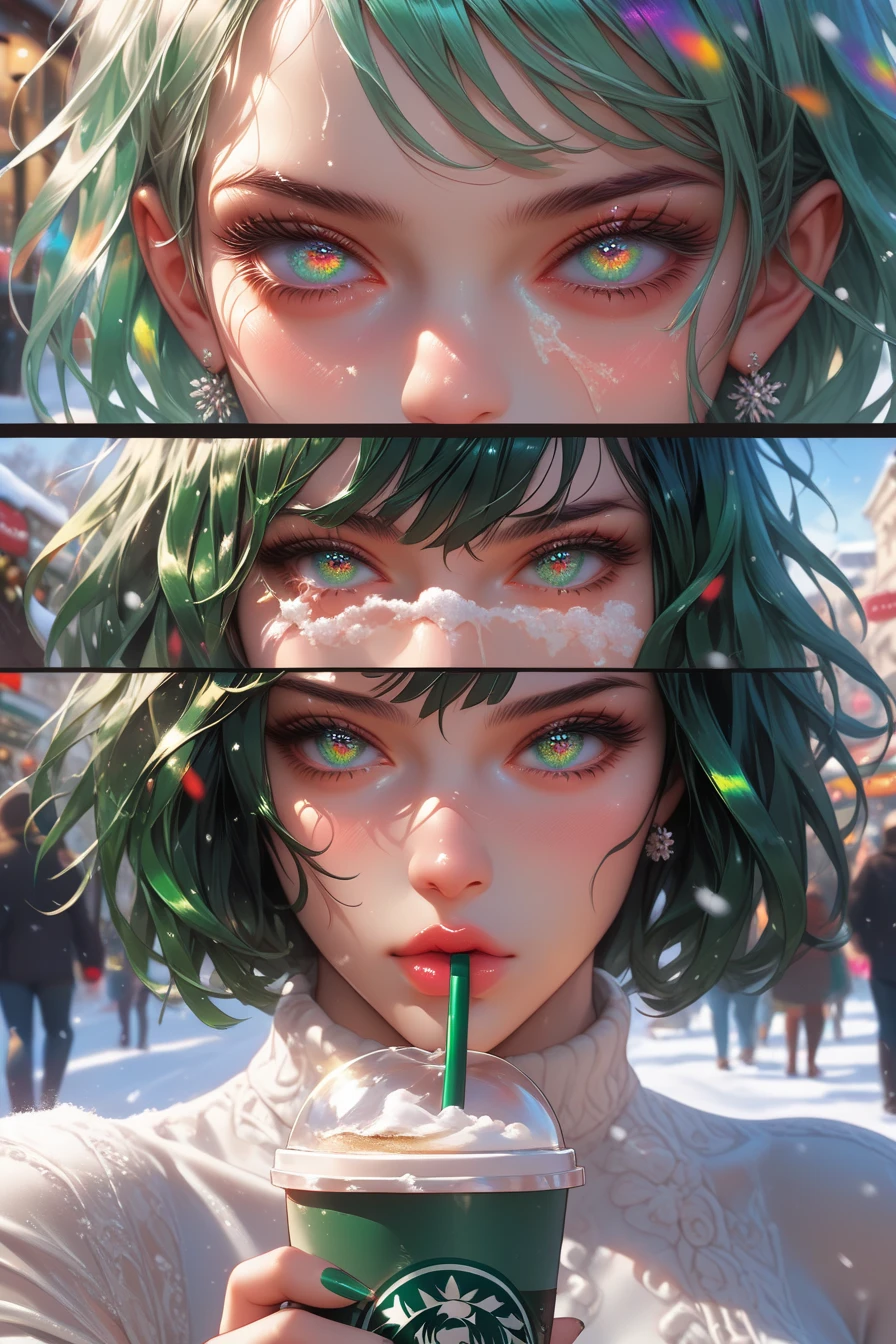 One punch men , Fubuki, dark green short hair,  huge breasts,  elegant translucent white shirt, open winter cover , sitting, French coffee shop ,  background of people walking in a French Quarter, Close up image, focus on the face, th3rm4l , colorful, thermal , perfect eyes, upper body, snowy, Kiss multiple view , close up,