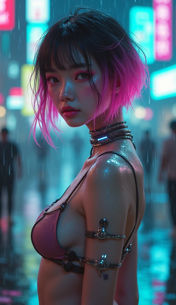 1 Asian girl with the most beautiful face, a Masterpiece , Long blue and pink hair tied up In cyberpunk style, Sit and relax in the midst of the city of the future.. ,cyberpunk , Focus on light and color, Masterpiece
