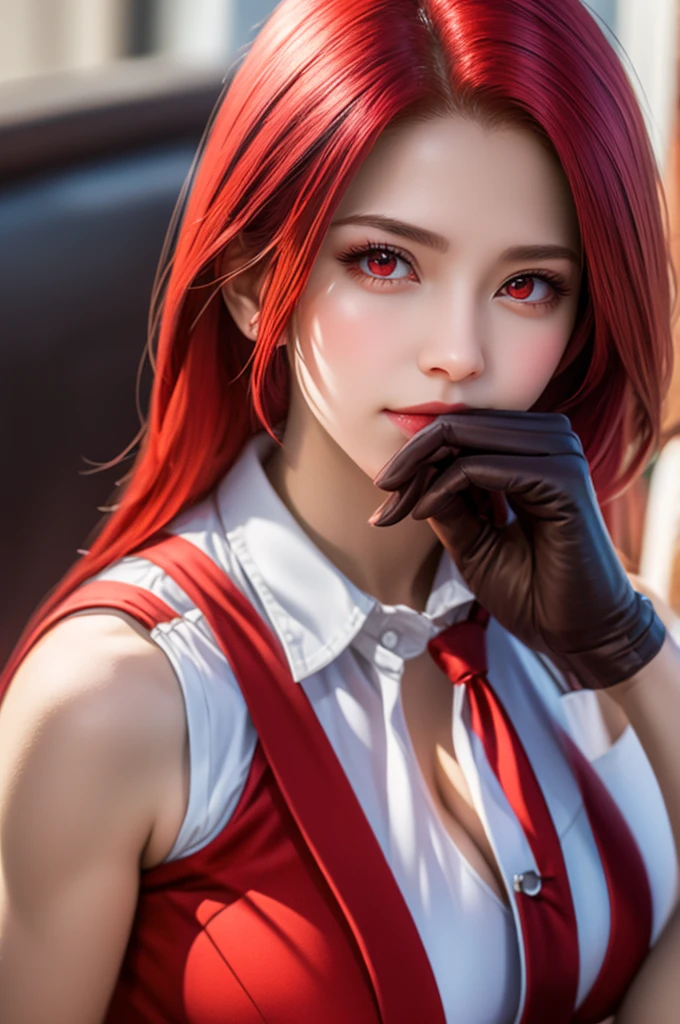 elegant red ninja girl, long red hair with cat ears, beautiful detailed eyes, beautiful detailed lips, extremely detailed face and skin, longeyelashes, choker, heart ornament, sfw, covered medium breasts, wearing shiny red ninja outfit with white fur, carrying sword, fighting pose, (best quality,4k,8k,highres,masterpiece:1.2),ultra-detailed,(realistic,photorealistic,photo-realistic:1.37),HDR,UHD,studio lighting,ultra-fine painting,sharp focus,physically-based rendering,extreme detail description,professional,vivid colors,bokeh,((red right eyes))