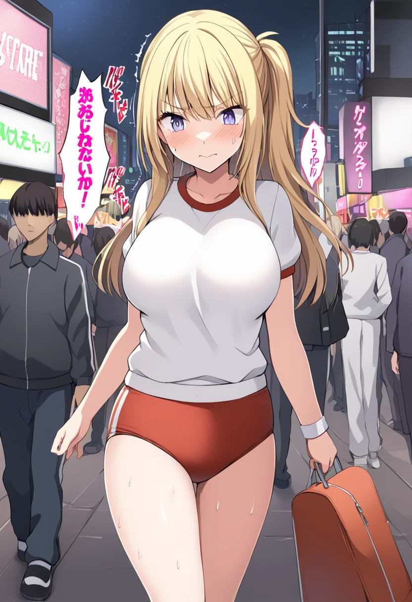 BREAK 1girl,walking,embarrassed,Care about your surroundings, BREAK 1girl, Kaguya Kawasumi, blond hair, long hair, large breast, Sweat,(Sound Effects:1.3),(gym uniform: 1.3), (buruma: 1.2), (buruma very wedge: 1.2),bag, BREAK cityscape, (at night:1.2), glowing neon sign, (crowd:1.3), BREAK score_9, score_8_up, score_7_up, score_6_up, source_anime,