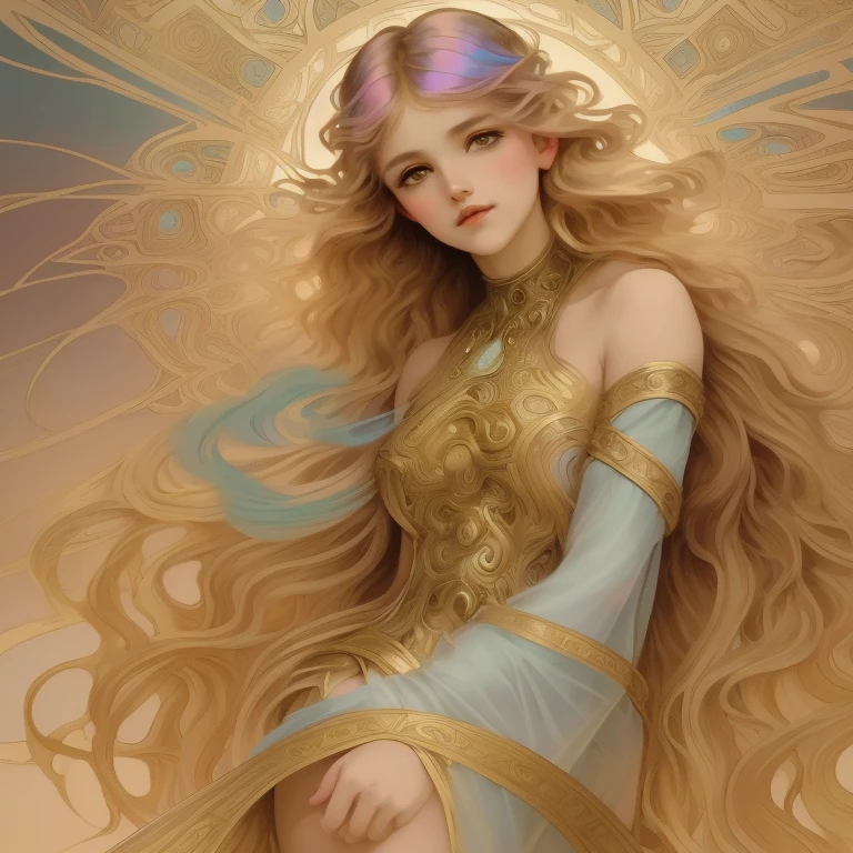 With the grace of a heavenly being , , a woman of unparalleled beauty floats through a supernatural realm of cascading sparks and iridescent hues.,  your presence captured with the whimsical touch of Alphonse Mucha .