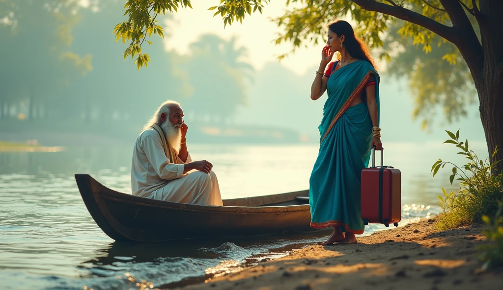 A Bengali woman sits in a boat with a bearded old man in a sari.