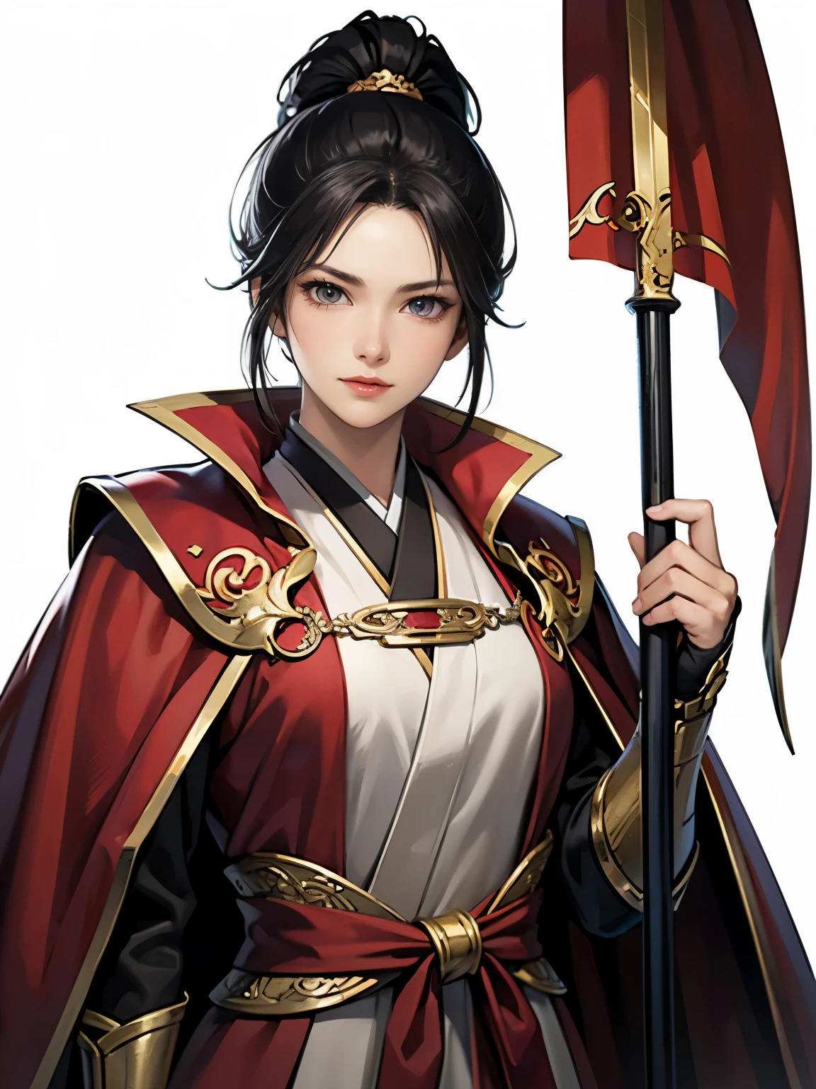 Beautiful black-haired woman :1.3, Amazing Character Art, Hanfu,(( pure white background)), ( top quality), handsome,Beautiful female knight, 2. 5D CGI fantasy artwork, detailed digital art , Very nice work of art, Fan Art Best Art Station , ( red velvet long cape),(warrior:1.2)( No Emotion)1.2,Japan、Exquisitely drawn hands 、 I'm putting my hands on my lower back,He has a sword on his waist、 facing the front 、He has a long sword in one hand、
