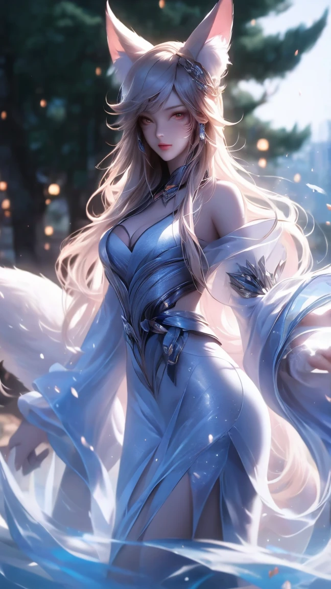  High Resolution ,  high detail,  High Quality ,:Icefield， Sea of Trees，A Chinese nine-tailed fox ，Bangs,silver long hair, Completely naked， unclothed ， Textured Skin ,  reveals its fur in the central part，Smile， watching people 