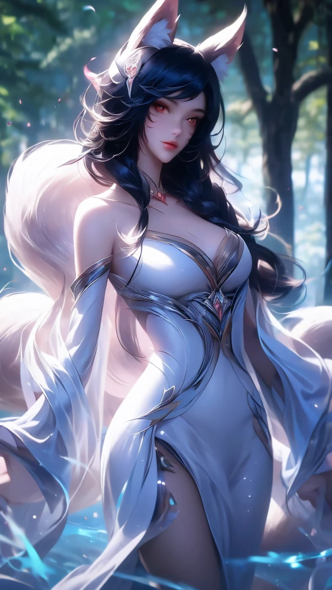  High Resolution ,  high detail,  High Quality ,:Icefield， Sea of Trees，A Chinese nine-tailed fox ，Bangs,silver long hair, Completely naked， unclothed ， Textured Skin ,  reveals its fur in the central part，Smile， watching people 