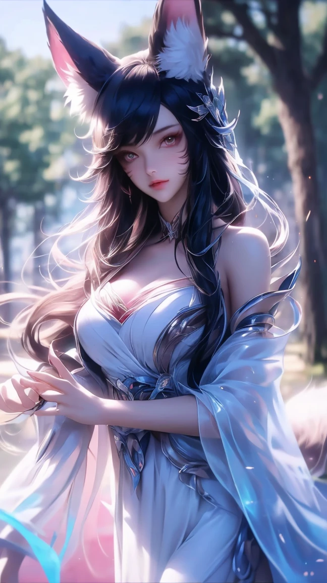  High Resolution ,  high detail,  High Quality ,:Icefield， Sea of Trees，A Chinese nine-tailed fox ，Bangs,silver long hair, Completely naked， unclothed ， Textured Skin ,  reveals its fur in the central part，Smile， watching people 