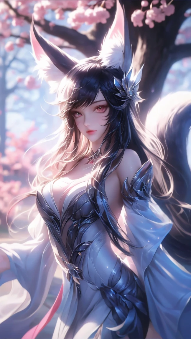  High Resolution ,  high detail,  High Quality ,:Icefield， Sea of Trees，A Chinese nine-tailed fox ，Bangs,silver long hair, Completely naked， unclothed ， Textured Skin ,  reveals its fur in the central part，Smile， watching people 