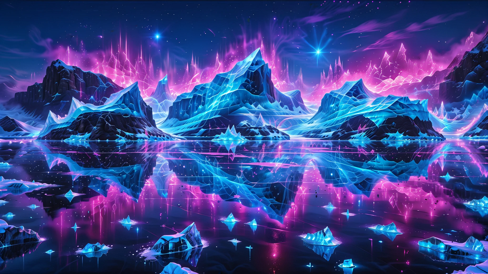 A Masterpiece In 32K Resolution, Supreme Quality, Super Detail, Official Art, Very High-Resolution 32K Wallpaper, Beautiful And Aesthetic, Ultra-Detailed Features, Awe-Inspiring Detail. A Futuristic Arctic Scene Where Icebergs Glow With Soft Neon Blues And Pinks. The Frozen Landscape Reflects The Glow Of A Futuristic Aurora Borealis That Lights Up The Sky. The Ice Is Carved Into Intricate Geometric Shapes, While Bioluminescent Penguins And Seals Glide Through The Icy Waters, Leaving Glowing Trails Behind Them.