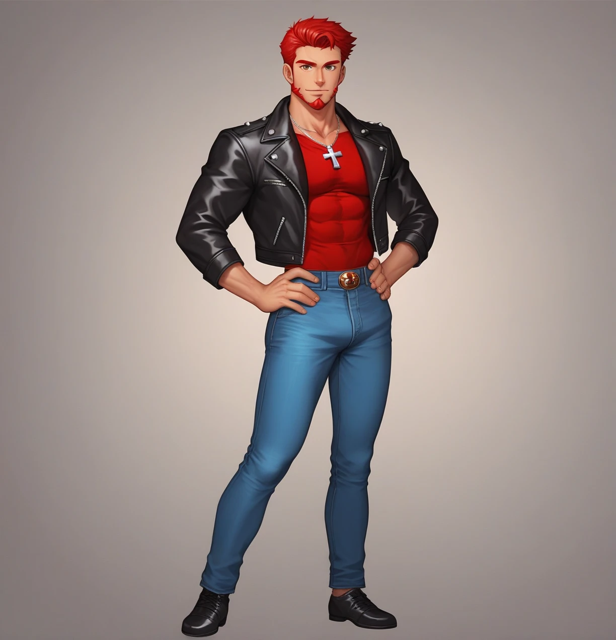 score_9, score_8_up, score_7_up, zPDXL, Wade Wuenschel, red hair, short hair, red beard, SD90style, retro artstyle, source_cartoon, 2D, 1man, brown eyes, red shirt, black biker jacket, silver necklace cross, looking at viewer, muscles, blue jeans pants, black shoes, full_ body, hand on hip