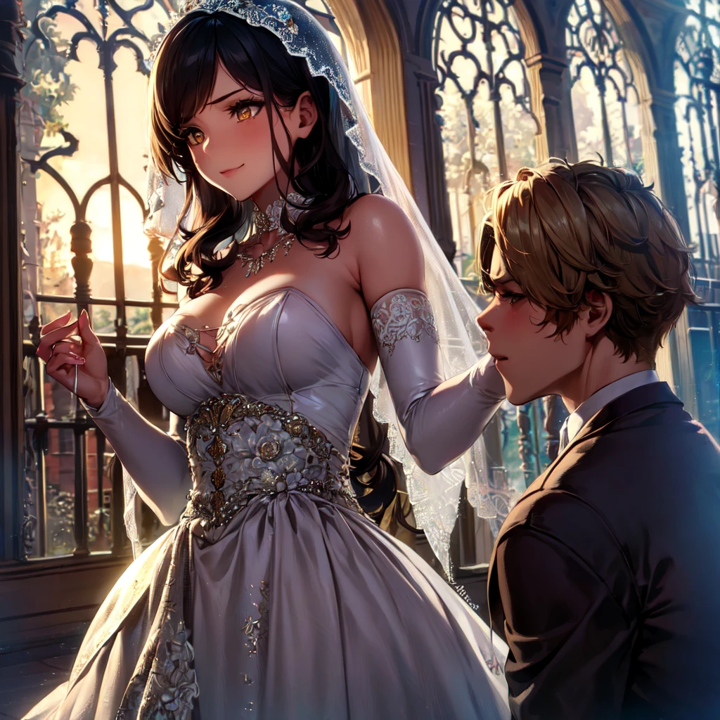 Kirito and Asuna black Wedding dress Two people standing in the wedding hall kissing mouth to mouthSuper huge big breasts breast enlargement ,illustration, ultra-detailed, HDR, vibrant colrs, soft lighting official art