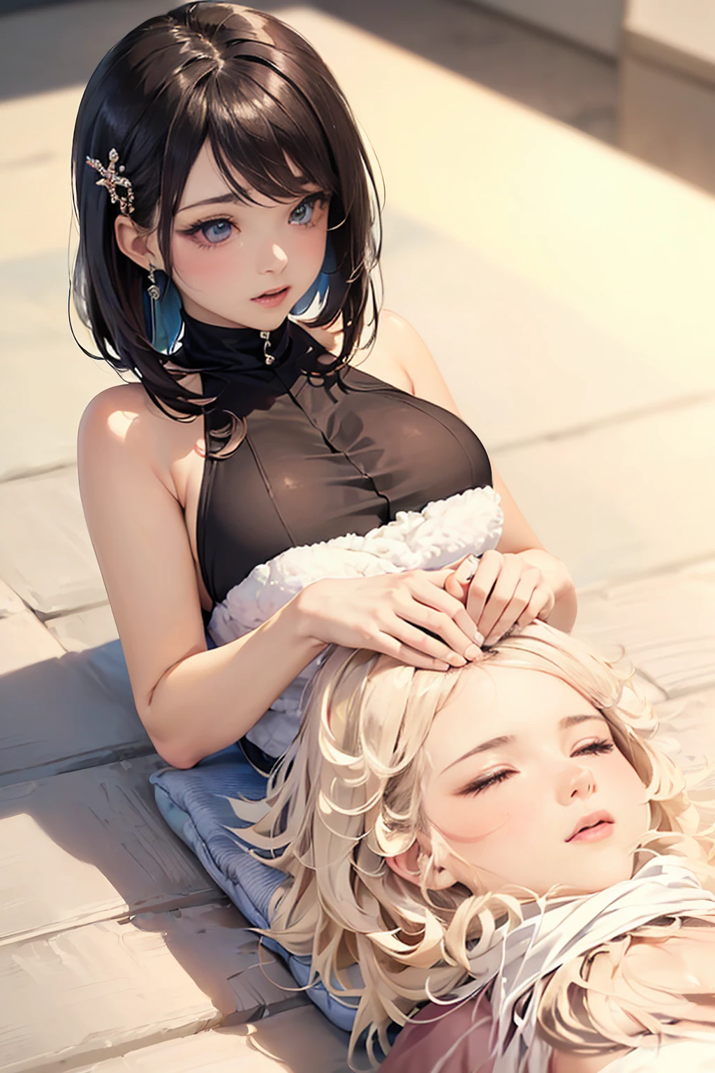 Ultra-high resolution,masterpiece, Attention to detail, highest quality, 4K,Silver braided short bob,(heavy chest,Captivating body、Ultra-detailed skin、Beautiful eyes、Detailed Background),Sleeping together,bed,1 girl、looking at the camera、