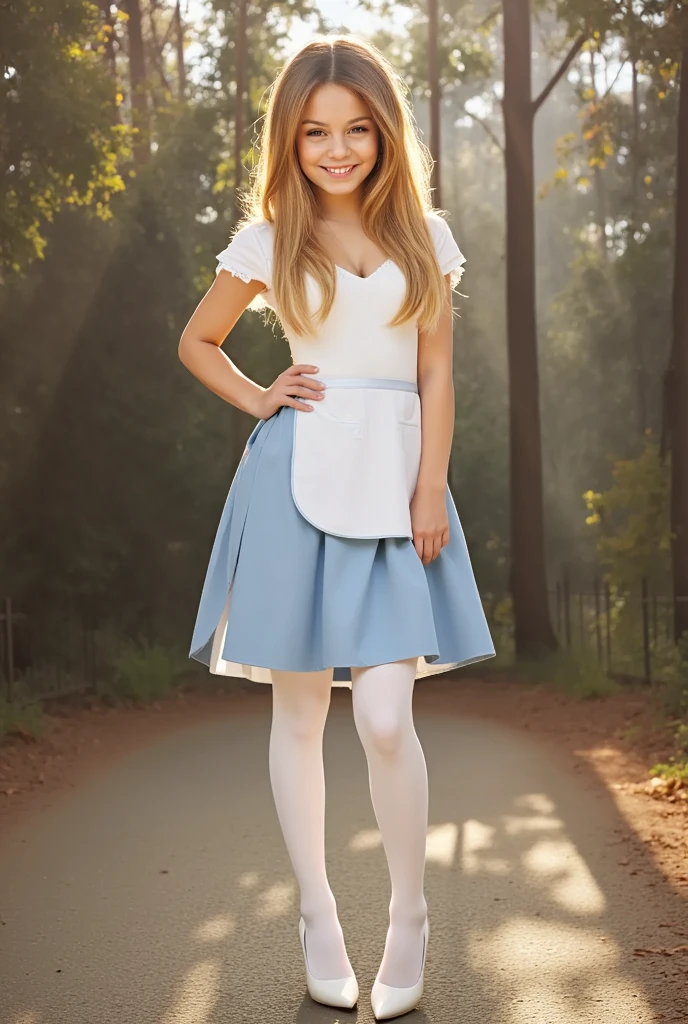 masterpiece, 1girl, solo, a cute Alice in Wonderland with blonde hair, powder blue dress with white apron, white stockings, cleavage, dynamic, ultra high def, 32k, (perfect anatomy:1.5), perfect legs, in the style of Artgerm and Adam Hughes, perfect arms,