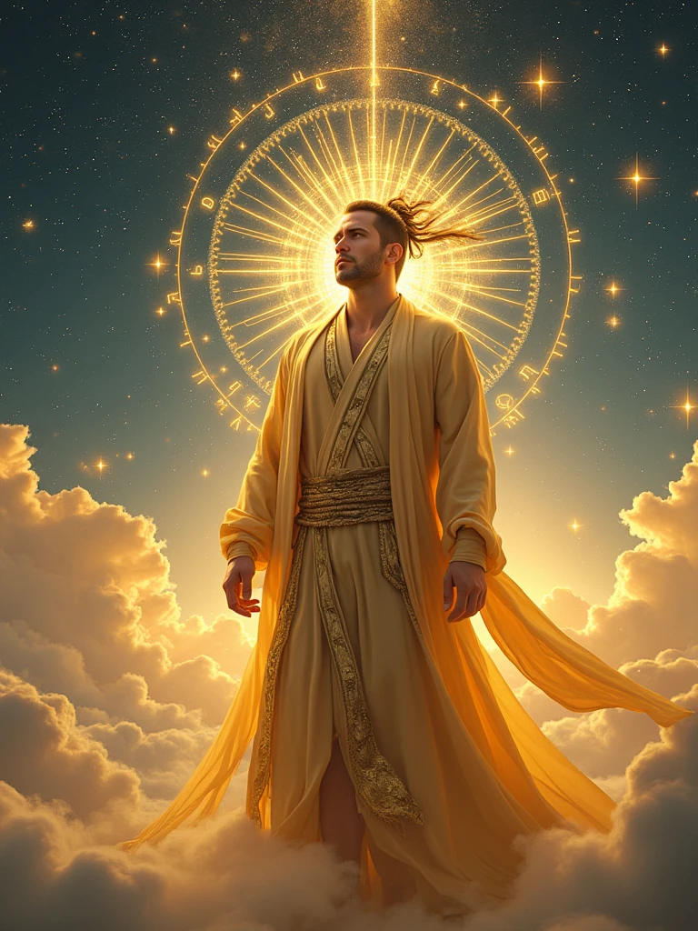  A wise Chinese fairy in a flowing golden robe,  Handsome Man ， Fat Pectoral Muscles ， Face like a Chinese star , Dai Xian headdress ，  Standing in the clouds looking up at the starry sky ,  Surrounded by glittering runes and symbols , Ethereal atmosphere,  height detail,  cinematic lighting ,  Digital Art,  conceptual art , fantasy