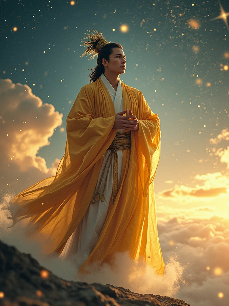  A wise Chinese fairy in a flowing golden robe,  Handsome Man ， Fat Pectoral Muscles ， Face like a Chinese star , Dai Xian headdress ，  Standing in the clouds looking up at the starry sky ,  Surrounded by glittering runes and symbols , Ethereal atmosphere,  height detail,  cinematic lighting ,  Digital Art,  conceptual art , fantasy