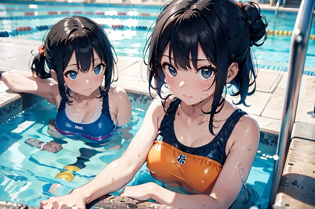 best picture quality, 8K, high quality, masterpiece:1.2), ((masterpiece)), (high detail, high quality, best picture quality), bokeh, DOF, Portrait, open stance, (cute illustration:1.2), (small size breast), inside pool, sunny days, sitting, beautiful light, (2 girls with various hair color and hair style:1.3), (dark navy school swimsuit,), cute face girl, sexy, smile, armpits, little child, , very short cut hair, bun hairstyle, 