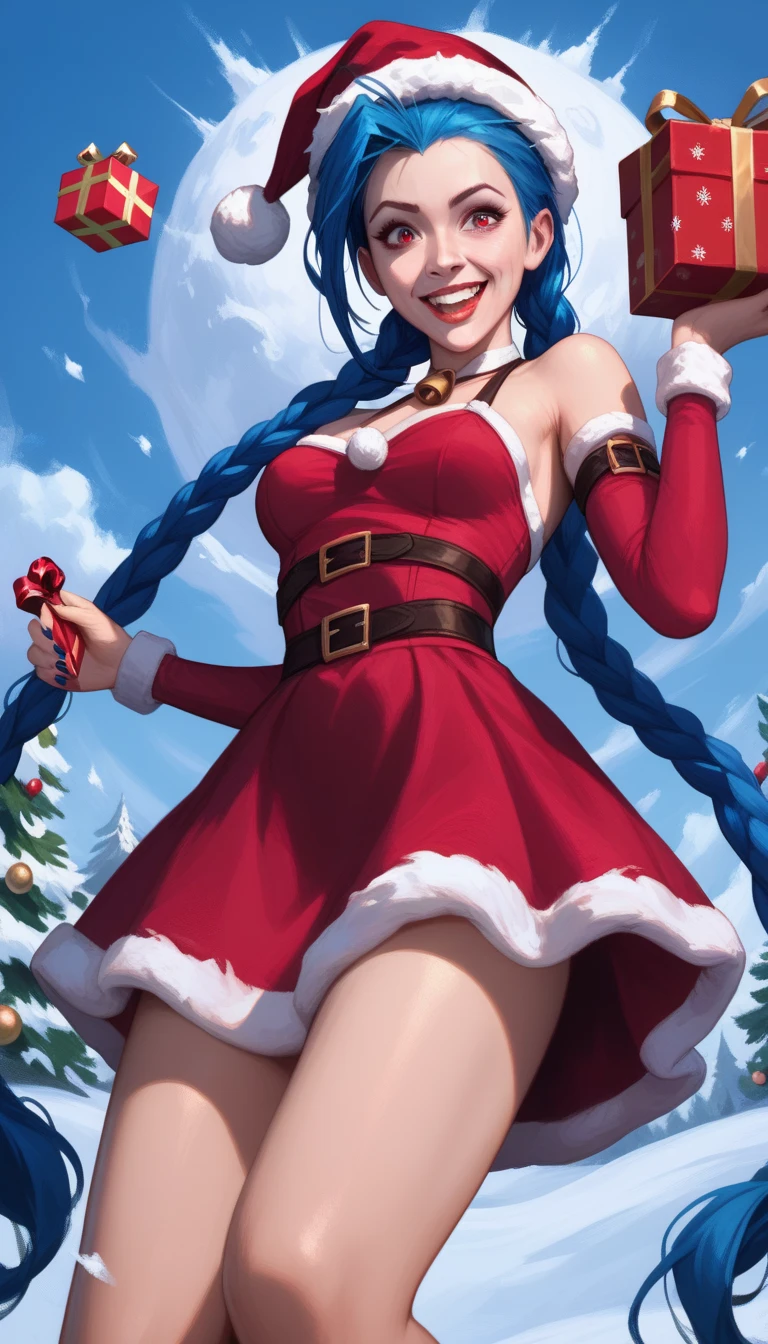 Jinx from League of Legends, long blue hair with braids, red eyes, adult sexy petite body, slim waist, beautiful woman, medium breasts, wearing a santa suit and skirt, dynamic ultra low angle from below, foreshortening, thighs in the foreground, head in the background, excited expression, photorealistic, holding an exploding gift