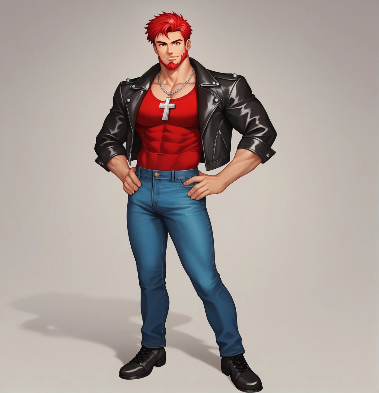 score_9, score_8_up, score_7_up, zPDXL, Wade Wuenschel, red hair, short hair, red beard, SD90style, retro artstyle, source_cartoon, 2D, 1man, brown eyes, red shirt, black biker jacket, silver necklace cross, looking at viewer, muscles, blue jeans pants, black boots, full_ body, hand on hip