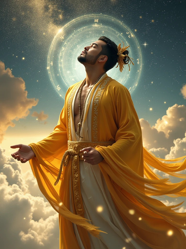  A wise Chinese fairy in a flowing golden robe,  Handsome Man ， Fat Pectoral Muscles ， Face like a Chinese star , Dai Xian headdress ，  Standing in the clouds looking up at the starry sky ,  Surrounded by glittering runes and symbols , Ethereal atmosphere,  height detail,  cinematic lighting ,  Digital Art,  conceptual art , fantasy