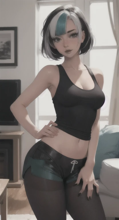 8k, highres, ultra detailed, (masterpiece:1.4), best quality, symmetrical body, (black latex strapless crop top:1.4), (jeans shorts:1.4), choker, cute, solo, earrings, short hair, blue hair, blue eyes, glow effect, finely eye, detailed face, looking at viewer, seductive face, in the park, sitting on bench, angled view, big breasts, seductive look, perfect fingers, voluptous