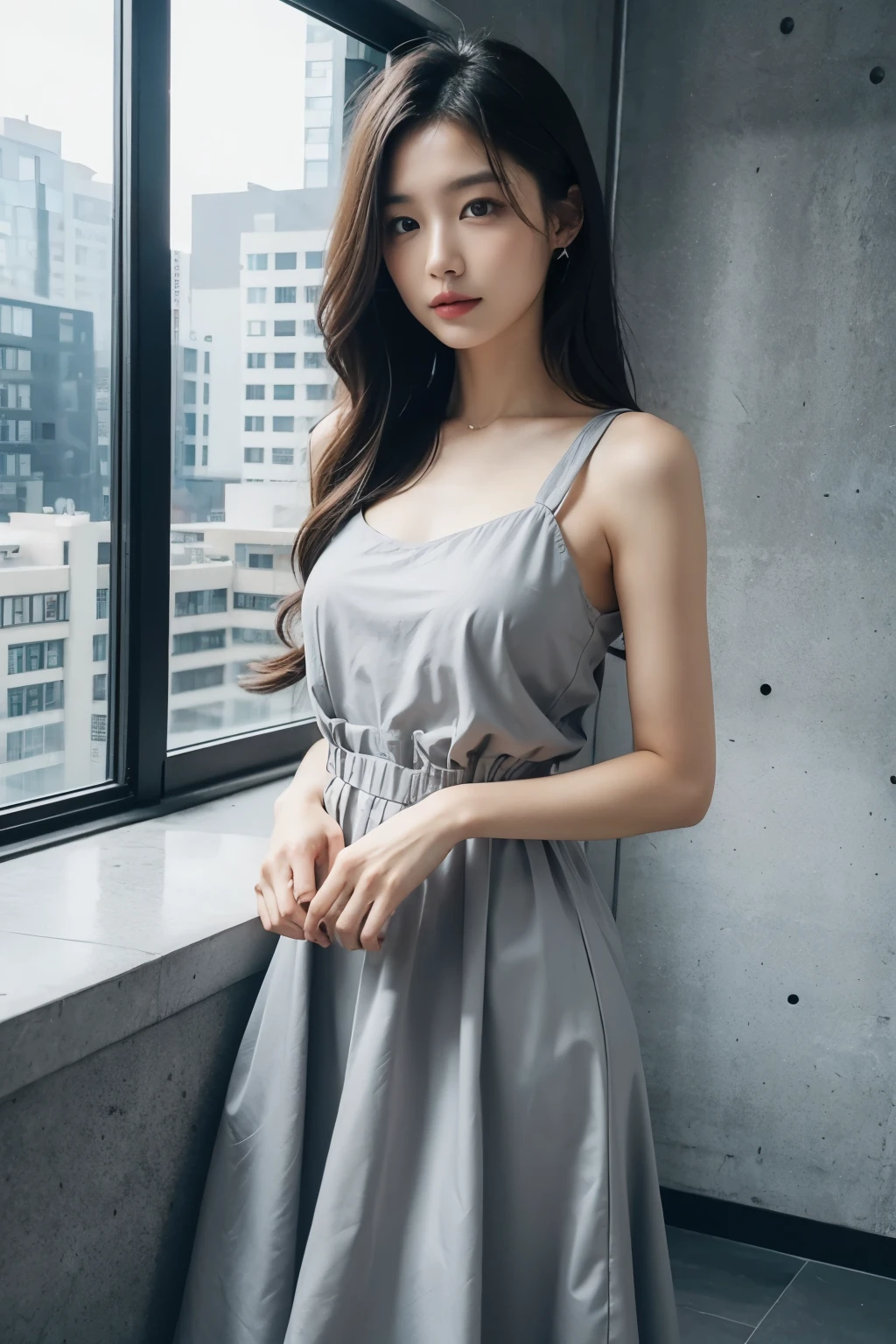 A close up of a woman in a dress standing near a window - SeaArt AI