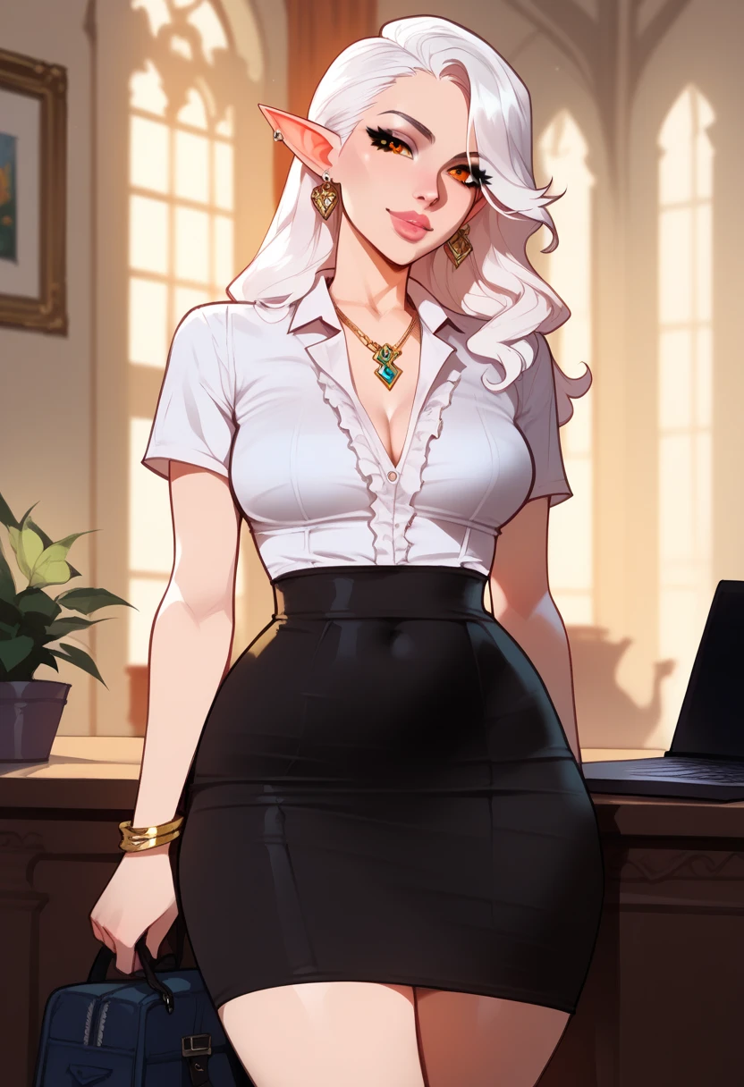 1 girl, alone, white hair, Drow (DND) orange eyes , thick lips, long hair, collared shirt, short sleeves, frills on shirt, Holding a closed laptop , buckle, hourglass figure, indoors, faint smile, permanent, split, pencil skirt, Detailed face and eyes, Raise your legs high, asymmetrical bangs, earrings, Actual, dragon elf, fantasy, head tilt, Lovely, Lovely pose, jewelry, bracelet, necklace, center, female office worker, open shot, Detailed background, medium,