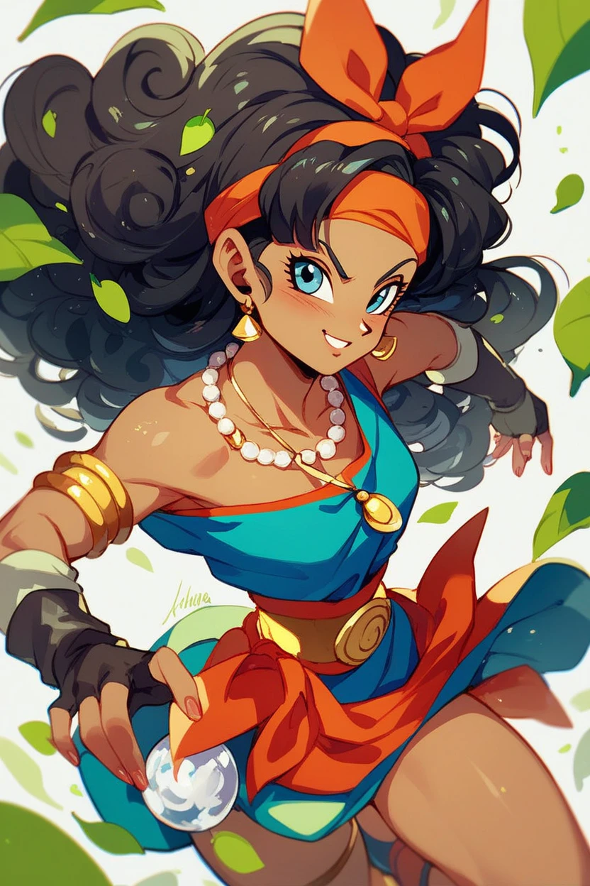 "A highly detailed depiction of an indigenous tribal warrior woman inspired by the Karinga tribe from the Dragon Ball universe. She has long, curly black hair cascading down her back, emphasizing her strong and natural beauty. Her outfit includes a short top adorned with intricate tribal patterns, a skirt made of natural fibers resembling leaves, and earthy tones like brown, necklaces, and a headband with ornamental designs. The overall aesthetic combines fantasy anime style with indigenous tribal elements. Dragon Ball style, straight hair 