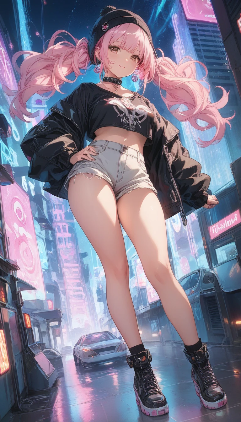 best qualityer, 4K, work of art, extremely detaild, high détail, 1 girl, standing alone, peri, blue hair with golden highlights, hair over one eye, multicolored hair, twintails, blood red eyes, two tone hair, Tank top shirt, small round breasts, nipples under clothes, ssmile, Burning city background, (((full body with thick body thighs, thick glossy pink lips, tattoo on hands, She is wearing short shorts and white high top sneakers)))
