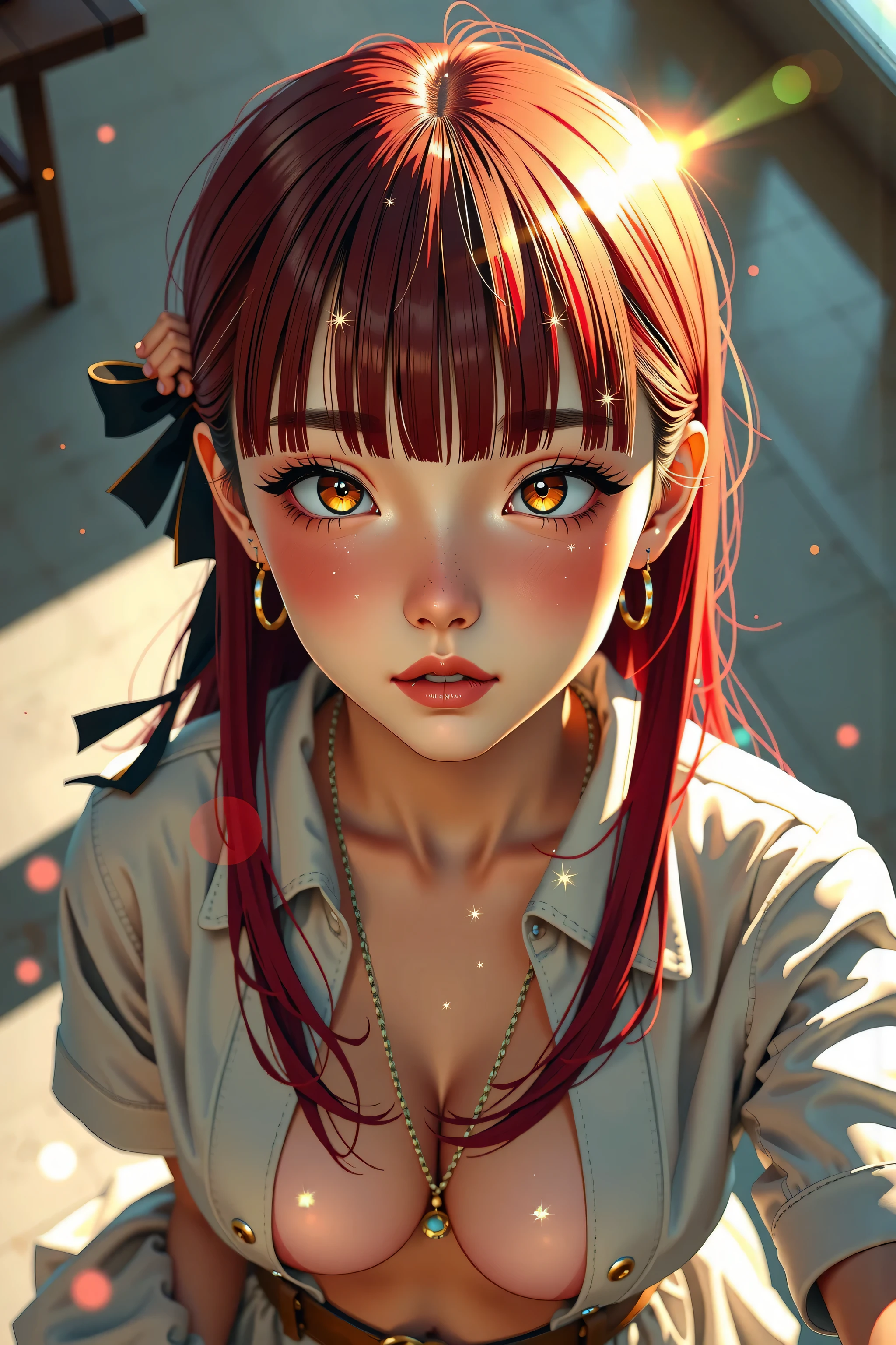 blunt bangs, red hair, ahoge, hair behind ear, long hair, hair ribbon, hair ornament, pupils sparkling, yellow eyes, blush, full blush, naughty, full-face blush, Surrealism, modern, Contemporary art, Abstract expressionism, Neoclassicism, chiaroscuro, cinematic lighting, ray tracing, multiple monochrome, sparkle, depth of field, border, feet out of frame, first-person view, from above, lens flare, Fujifilm, masterpiece, anatomically correct, high details, high quality, 8k, big breasts, cleavage, anime, manga, freckled face, asian high school girl, sweet, 