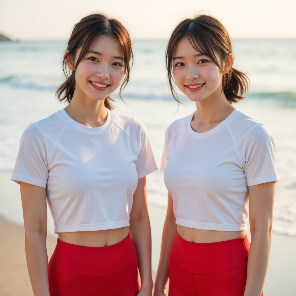 ( Two Beautiful Japanese Female Volunteers , 28 years old,  Wear White Tight Lightweight Synthetic Volleyball Jerseys,  Red Spandex Shorts , Ankle support and knee pads, Join 'Ocean Protection' , At sunrise on the beach,  thoughtful expression,  kind smiles, Dimpled chin,  Cute Teeth Alignment ,  short hair ponytail , Symmetrical face,   beautiful detailed face  ,  beautiful detailed eyes, perfect body proportions, Ample round breasts,  Photorealistic,  hyperrealism,  High Contrast , ,  Realistic Skin Texture ,   best image quality, top-quality,  super high resolution,  Details,  Very Carefully ,   Masterpiece  , Head to Knee, High angle shot, Bokeh Background) # World Oceans Day 