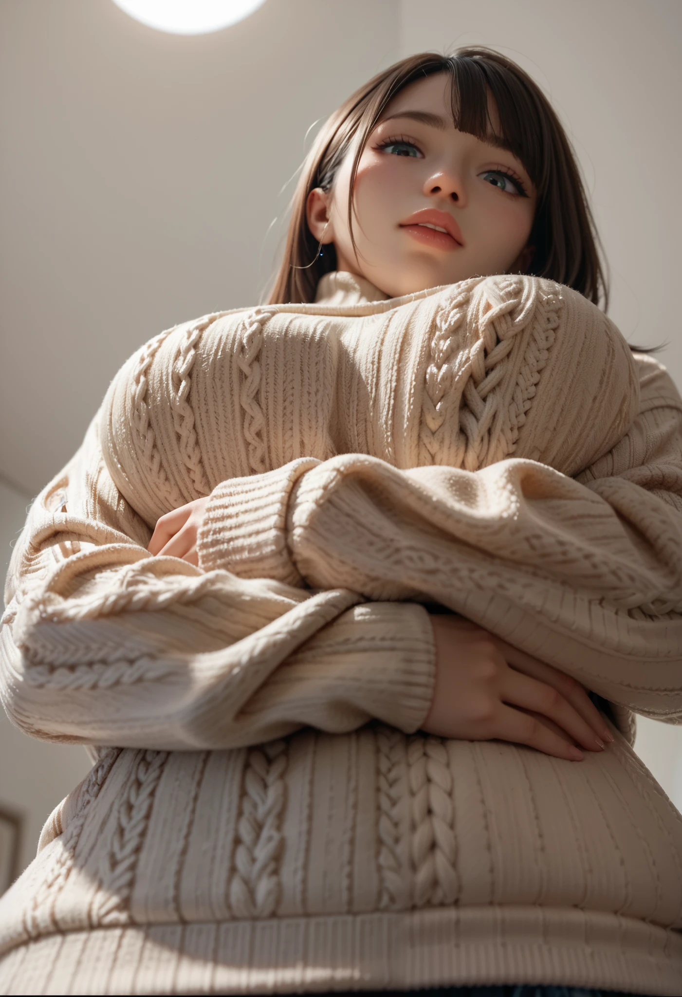 1girl,knit sweater,under breasts extreme close-up,low angle, face hidden by breasts, look down