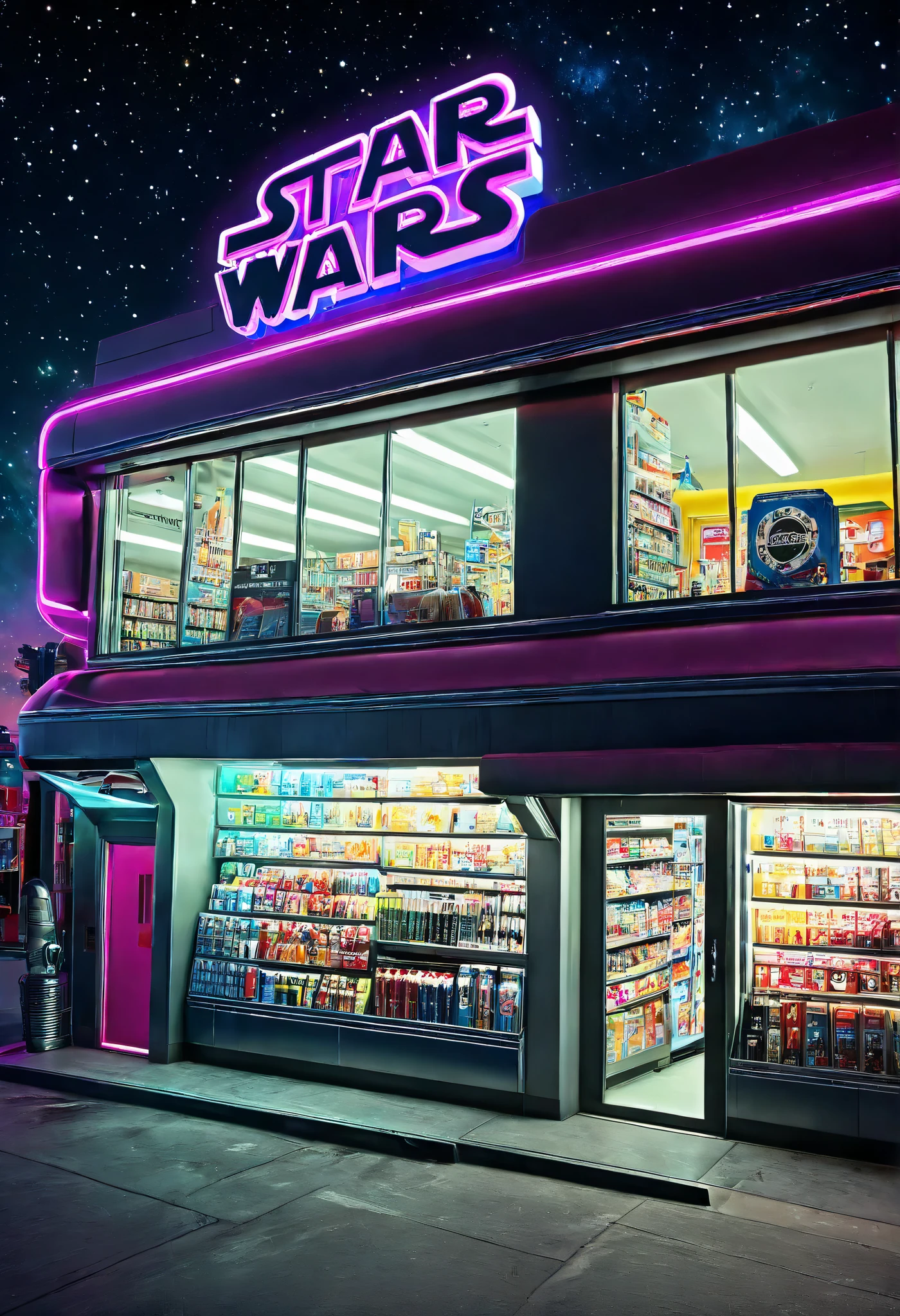 wide long shot:1.7, ((Star Wars style:1.5)), ((large flying midnight convenience store, floating in space, otherworldly, other planet, futuristic, with aliens shopping: 1.5)), (futuristic city, flying cars that fly at midnight: 1.3, ((sign with text, "24-hour store" in neon magenta:1.3)), masterpiece, hyper-realistic, highly detailed and well-defined, award-winning image, beautiful photography, high resolution, masterpiece:1.2, HDR, ultra detailed.