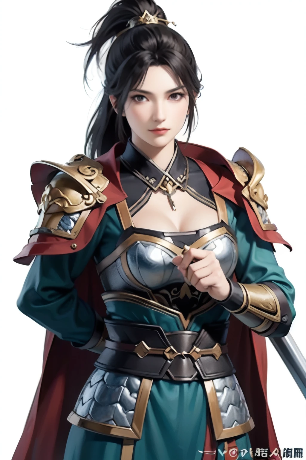  Beautiful black-haired woman ：1.3,  Amazing Character Art, Hanfu,((  pure white background)), ( top quality), Beautiful female knight, 2. 5D CGI fantasy artwork,  detailed digital art , Very nice work of art,  Fan Art Best Art Station , ( green velvet long cape),(warrior:1.2)( No Emotion)1.2,Japan、Exquisitely drawn hands 、 I'm putting my hands on my lower back,He has a sword on his waist、 facing the front 、