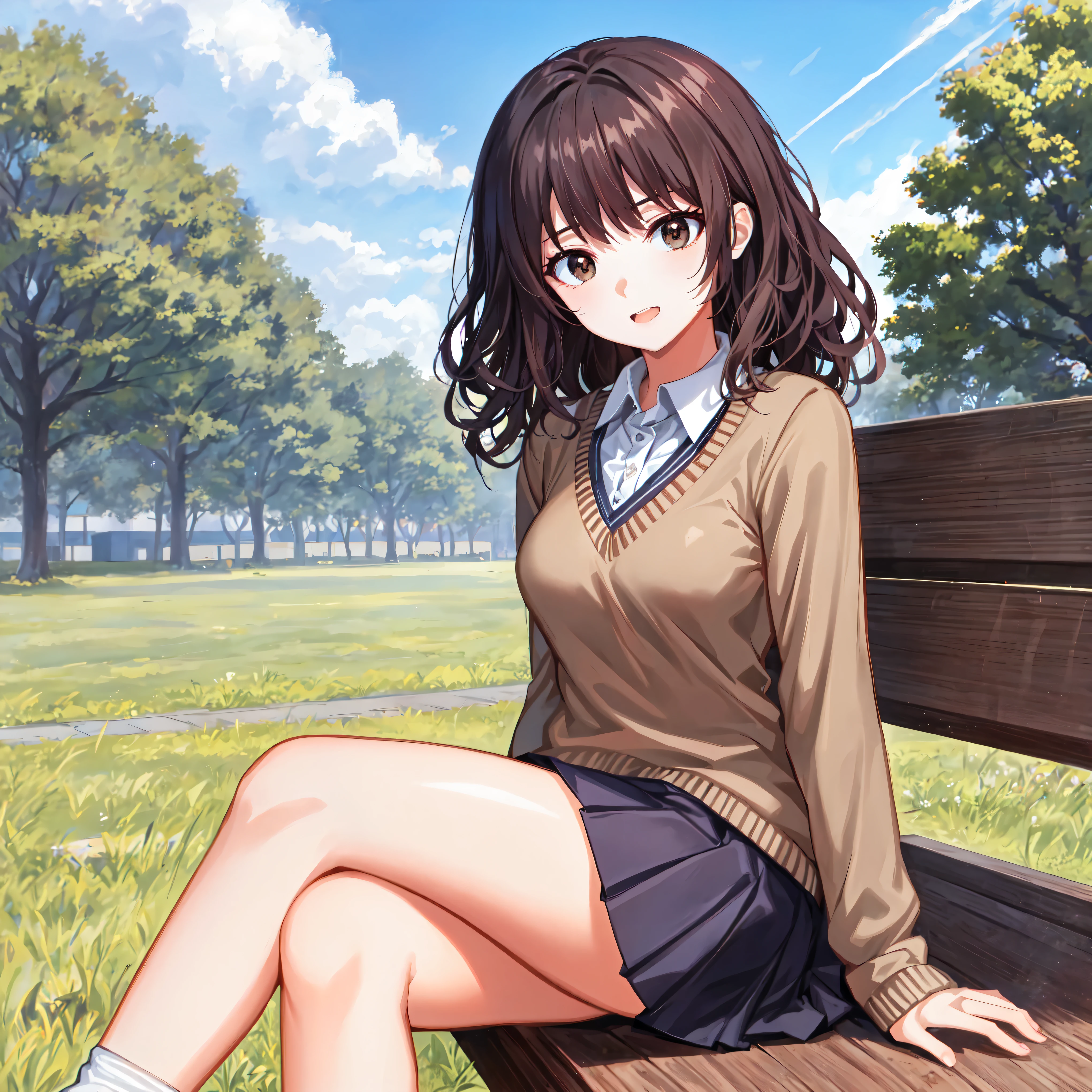God Quality, perfect anatomy , 5Finger,high quality skin,detailed beautiful face,serious,expression eyes,perfect shading,pale colors,High quality backgrounds,School courtyard,park,cross one's legs,ankle socks,girl sitting on a bench,{{beautiful middle -sized breasts1:4}},beautiful eyes,brown special curls hair,grey eyes,school uniform,brown sweater,pleats mini skirt,thin eyebrows,looking at another