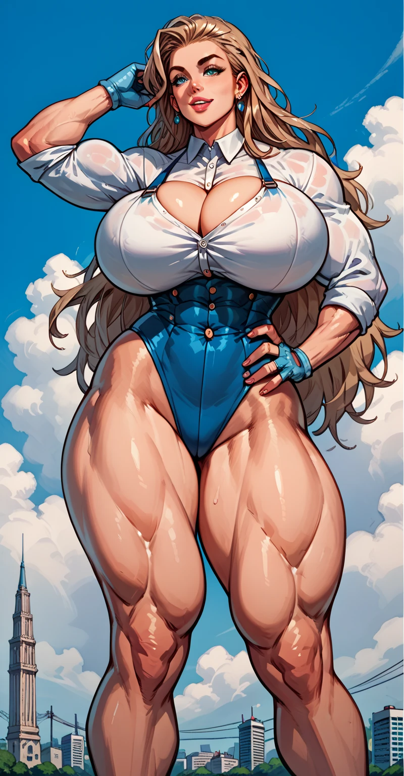 Woman takes experimental growth hormone and is transformed into a towering and muscular 60ft tall giantess with long sturdy limbs, huge triceps, powerful glutes and quads, and massive elongated breasts.