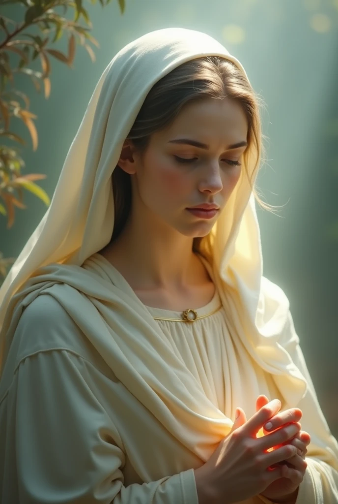 Beautiful young Virgin Mary with open arms looking down at the camera