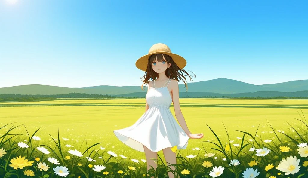 A serene summer scene inspired by Studio Ghibli: A young woman wearing a flowing white dress and a straw hat stands in a lush green meadow under a bright blue sky. Her dress and hat are gently swayed by a soft breeze. The grass is dotted with wildflowers, and the horizon features rolling hills blending seamlessly with the sky. The lighting is warm and natural, with a peaceful and dreamy atmosphere. The art style is detailed yet soft, capturing the charm and whimsy of classic Ghibli aesthetics