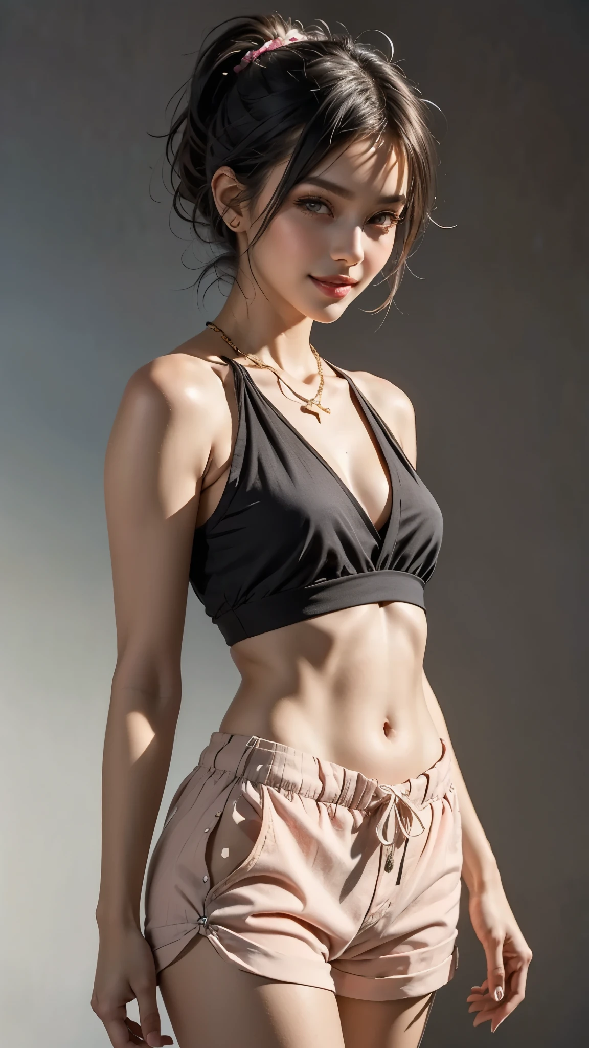 Flat Core, compensate, mascara, Soft lips, wicked sexy smile, colorful, minimalism, monotone, simple, clean, sharp project, Fluid silhouette, pink top, short shorts, Hawaiian sarong, asymmetrical, geometric, Elegant and luxurious materials and design, minimal accessories, Silver or gold necklace and thin ring, differentiated design, silhouette, Fresh and urban printing, high fashion, tanned skin, dark eyes, Black long ponytail, hair between eyes, simple gradient background pastel colors, design by smeglejj