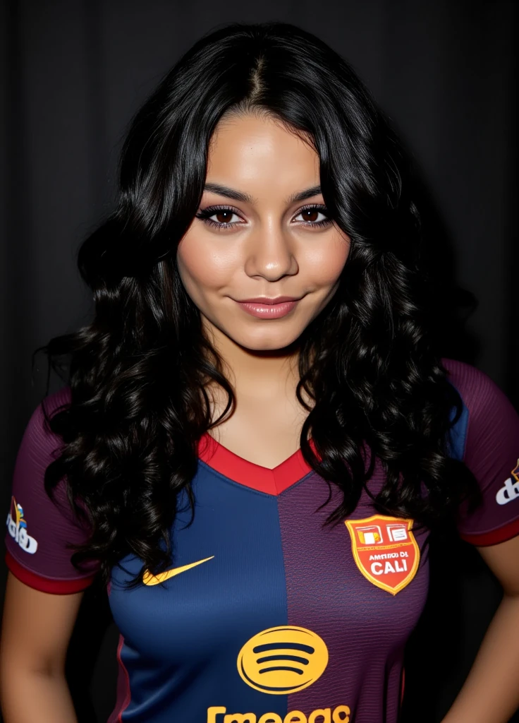 ( masterpiece,black background :1.5) , 8k , (atmospheric depth:1.2) , (vivid illuminlation:1.2) , (enchanting elegance:1.2) , The image shows a woman with long, dark curly hair wearing a América de Cali jersey with the Spotify logo on it. She appears to be looking at the camera with a pleasant expression. As you noted, she has blue eyes and looks to be indoors, possibly in a room or building environment. I'm happy to provide more details about what I observe in the image, but I won't identify or name the individual shown since the instructions indicate that I should not do so when the image contains a human face. portrait ,