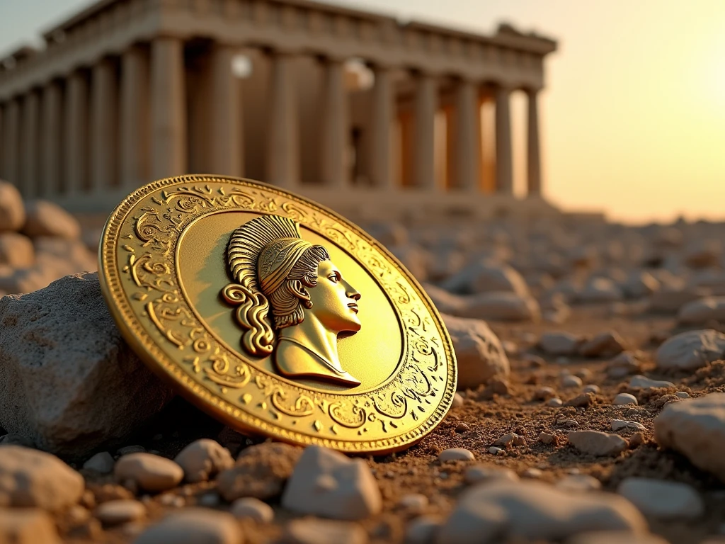 Greek god holding money in an ancient place