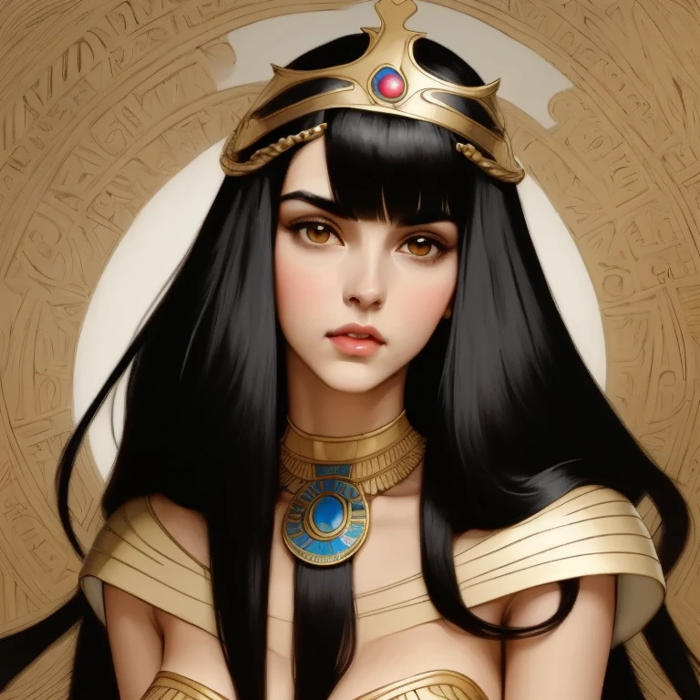  A beautiful 19-year-old Egyptian princess from the 16th century .   she has tan skin  , sharp,  well-defined features , Warm brown "viper" eyes,  thin eyebrows,  a heart-shaped face , with full cheeks, A pointy chin, and a pointed nose . She has fair skin, But tanned . She is heterosexual , dark,  shoulder-length black hair with fringe . she is tall, slim,  but with a slender, rounded body , mature breasts. she has a, full,  sexy lips . She wears an elegant,  luxurious cotton and white linen robe with intricate gold work .  She wears a tiara on her head typical of Egyptian princesses and beautiful precious jewels.