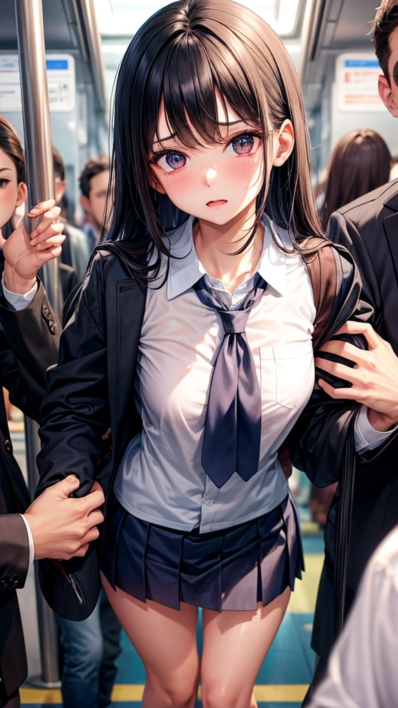 superfine illustration, Perfect Anatomy, Best Quality, Hires, amazing shading, Beautiful skin, 1 , nose blush, Saliva, Ecstasy,  Close eyes, ,School Uniforms ,  Full body, SEX, Yor, touches crotch, (Rubbing the crotch with your hands:1.2),By train,, suggestive pose,Small