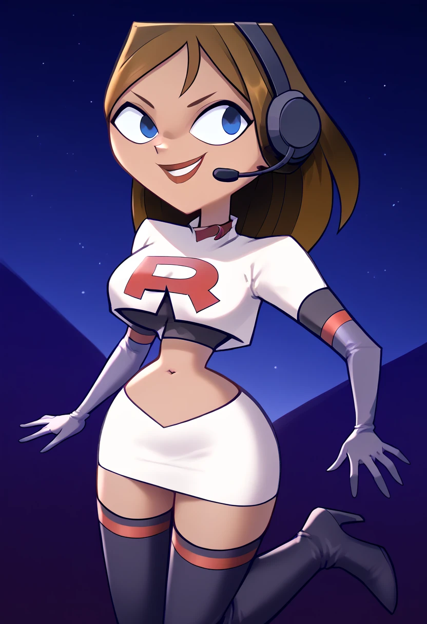 Team rocket, team rocket uniform, red letter R, white skirt,white crop top,black thigh-high boots, black elbow gloves, evil smile, night sky background, headset, large breasts, high-heeled boots, Courtney_Total_Drama, brown hair,